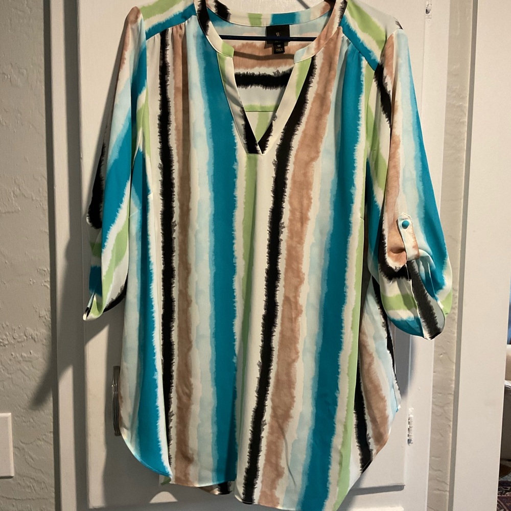 Worthington Vibrant Striped Blouse - Blue, Green, Brown, Black